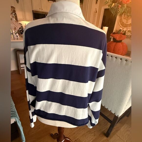 AERIE Navy and White Striped Long Sleeve Polo Shirt Size LG - Picture 3 of 6